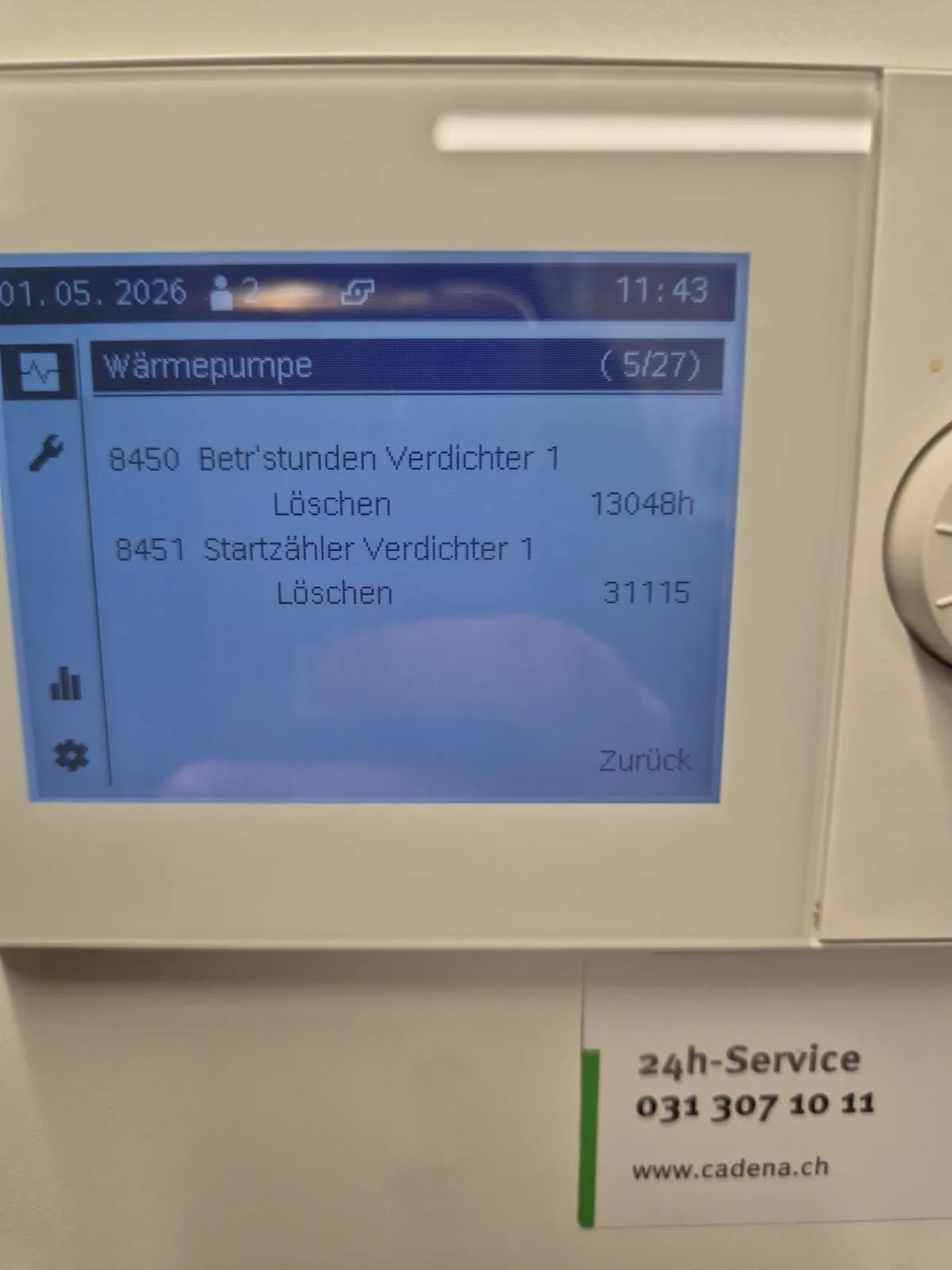 Betriebsstunden-Anzeige einer Wärmepumpe
